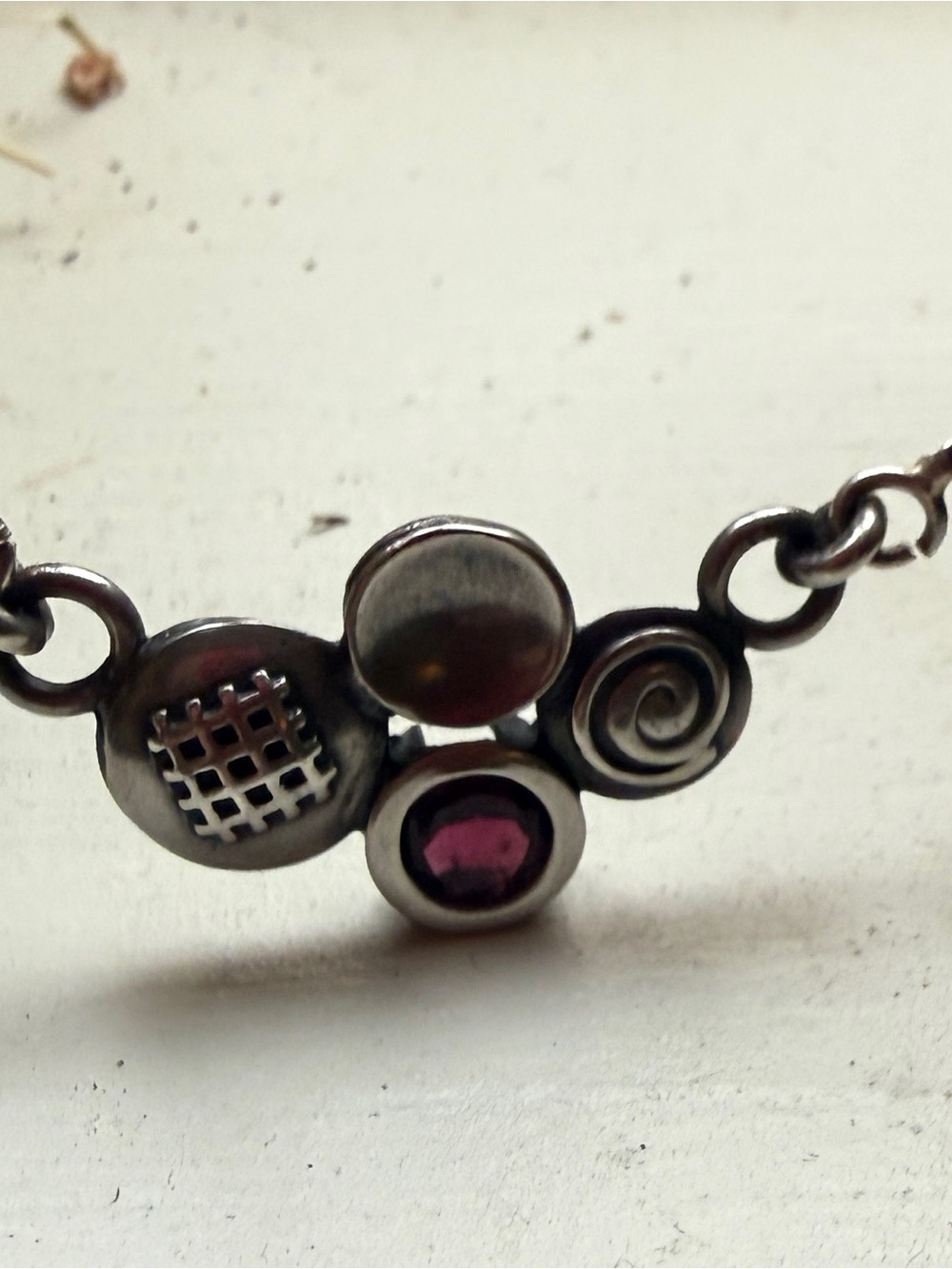 Sterling Silver garnet hand crafted 18”Circle Motif Necklace